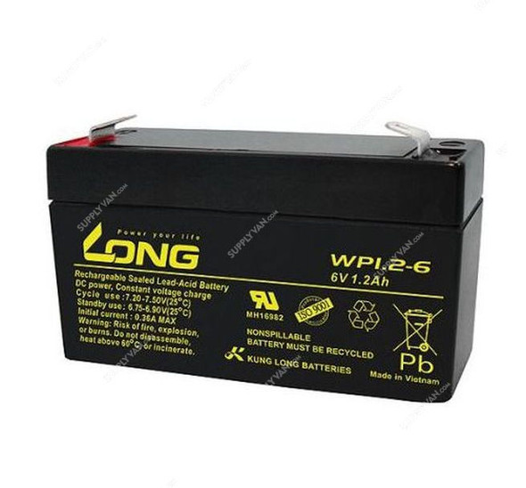Long Rechargeable Sealed Lead Acid Battery, WP1-2-6, 6V, 1.2Ah