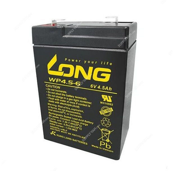 WP4-5-6 Long Rechargeable Sealed Lead Acid Battery, 6V, 4.5Ah/20Hr is designed to achieve long life and great performance, and provide vertical (upright) installation. The long-life WP4-5-6 Rechargeable Sealed Lead Acid Battery of 6V, 4.5Ah/20Hr manufactured by the AAAA Company provides high reliability and low cost. Approved for all areas of your factory.