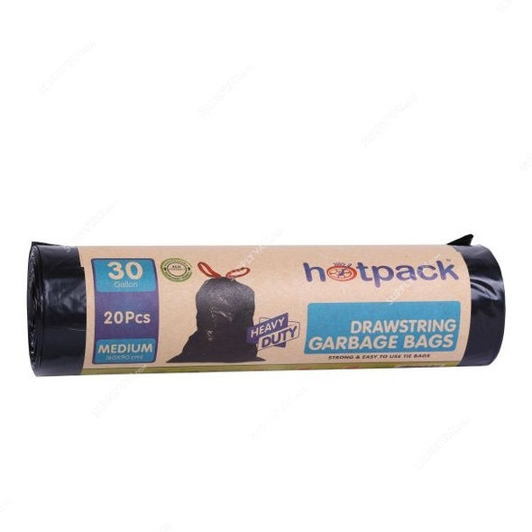 Hotpack Heavy Duty Tie Garbage Bag Rolls, HSMTBBR6090, 30 Gallons, Black, 240 Pcs/Carton