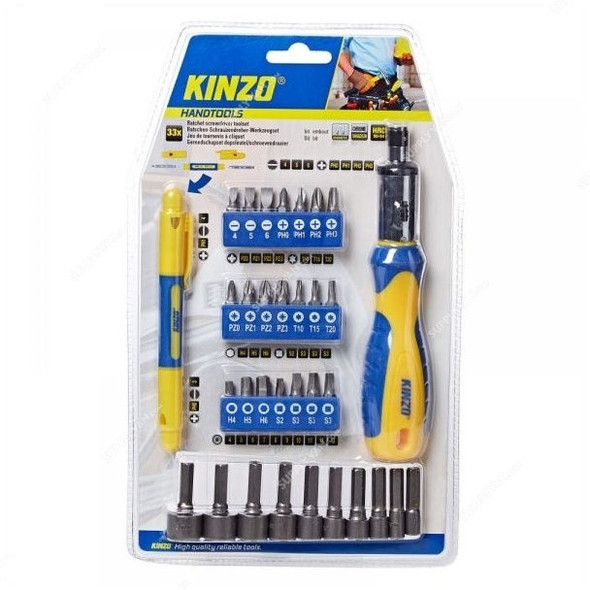 Kinzo Ratchet Screwdriver Tool Set, 54202, Yellow and Blue, PK33