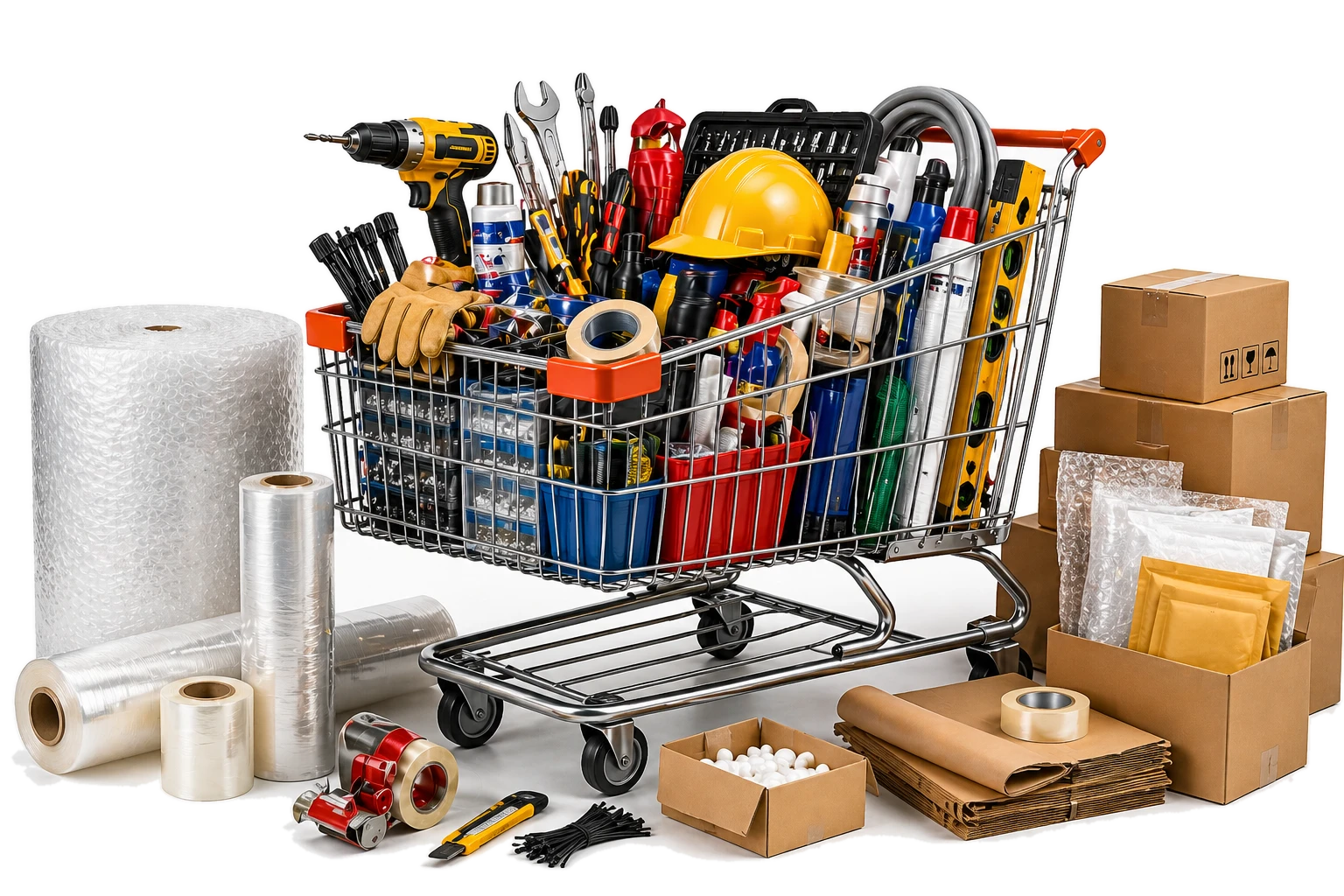 MRO Supplies Cart with tools, safety gear and pallet truck