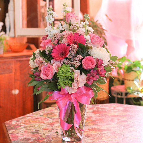 Pretty Pretty Pink floral arrangement pink roses and seasonal flowers by Main Floral florist Anoka MN