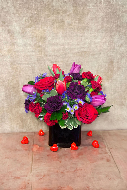 Ruby Moon floral arrangement with rich red and seasonal blooms, hand-designed by Main Floral in Anoka, Minnesota