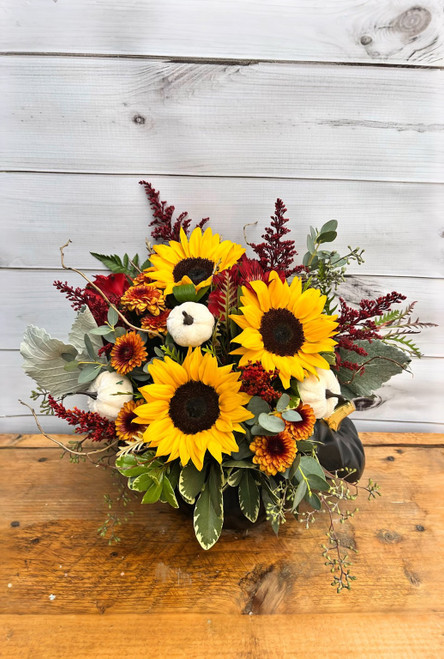 Gourd Adored autumn floral arrangement featuring gourds, fall flowers in warm orange, golden, cream and green tones, natural rustic foliage, handcrafted by Main Floral in Anoka MN — perfect for Thanksgiving centerpiece or autumn home décor.
