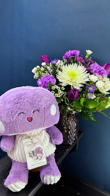 Our ever popular "Her Majesty" arrangement including a Warmie Plush, the weighted and microwavable friend.