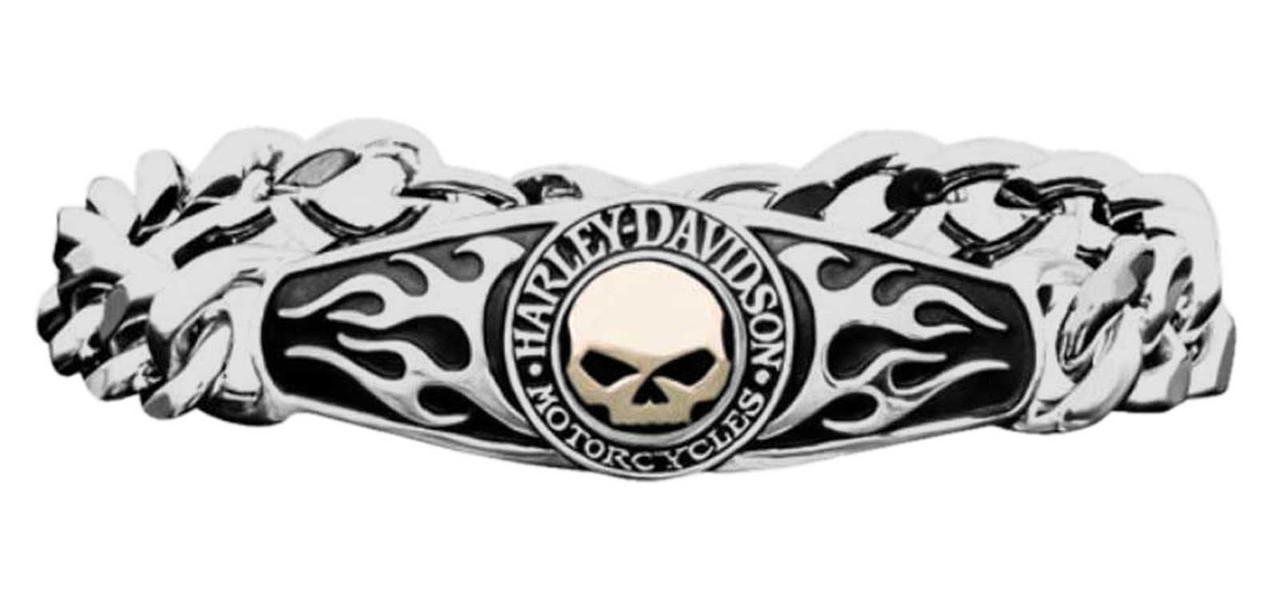 Harley-Davidson® Men's ID Bracelet, Flames Willie G Skull 14kt