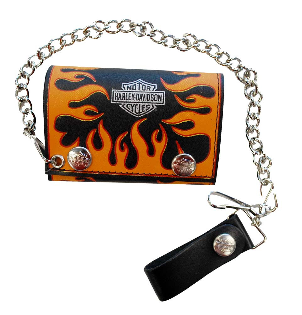 Harley-Davidson® Men's Flames Tri-Fold Chain Wallet Black Leather