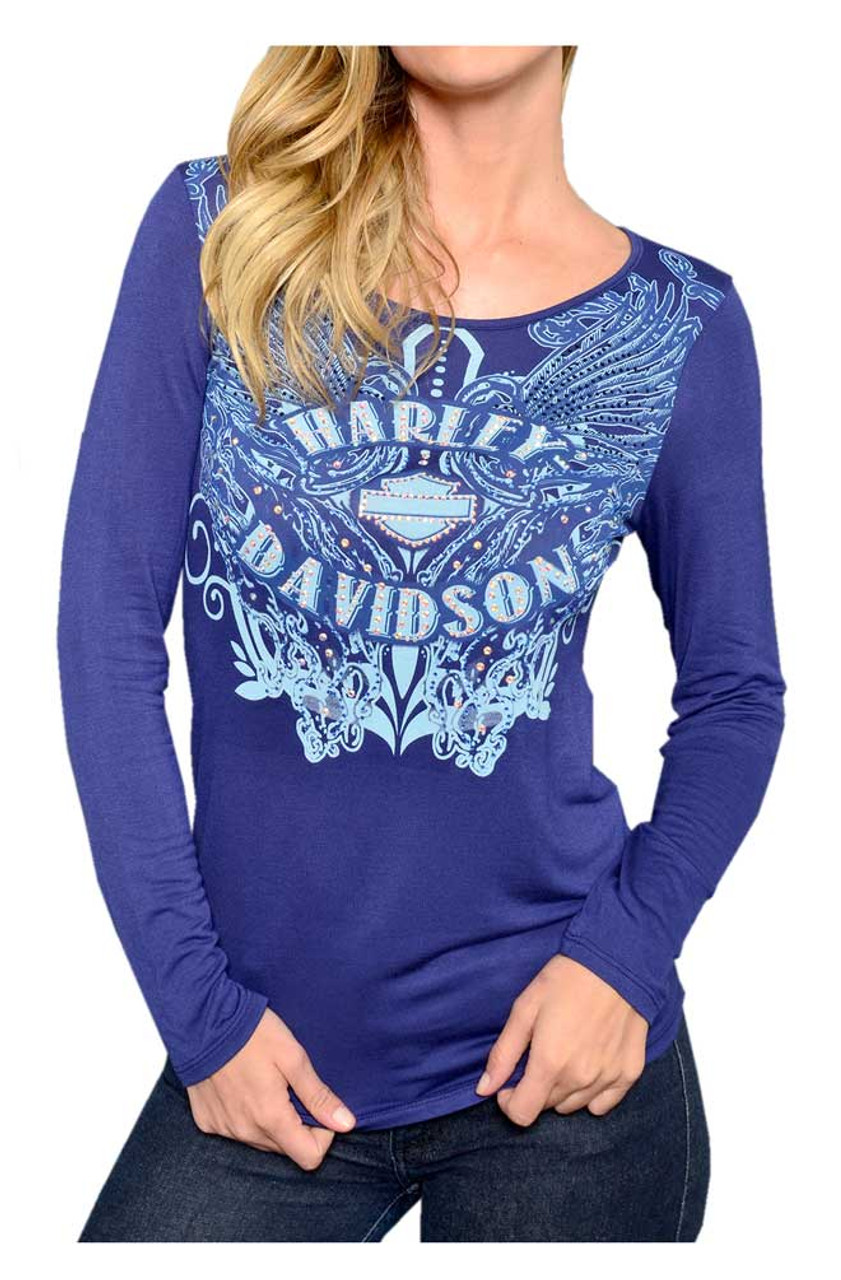Harley-Davidson® Women's Embellished Cool Wings Long Sleeve Shirt, Navy ...