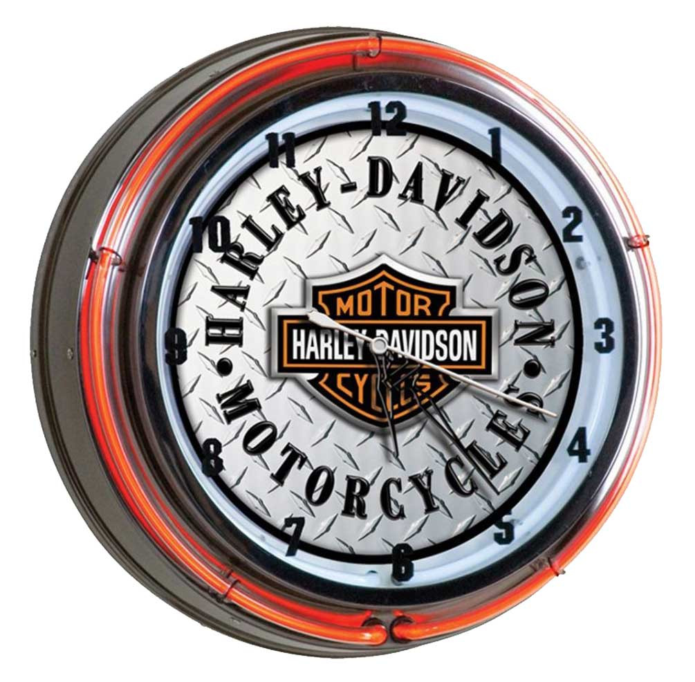 Harley-Davidsonの時計 Harley-Davidson® Diamond Plated Bar & Shield Neon Clock, Orange