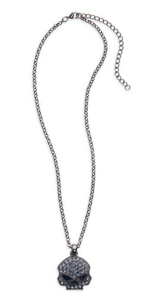 Harley-Davidson® Womens Solid Black Crystal Bling Skull Necklace
