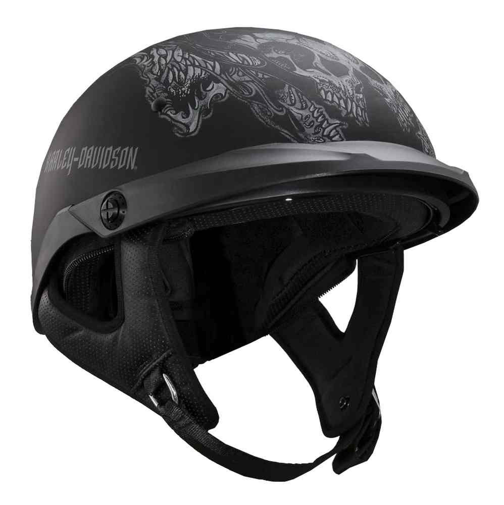 Harley-Davidson® Men's Skull Flame Sun Shield Half Helmet, Black
