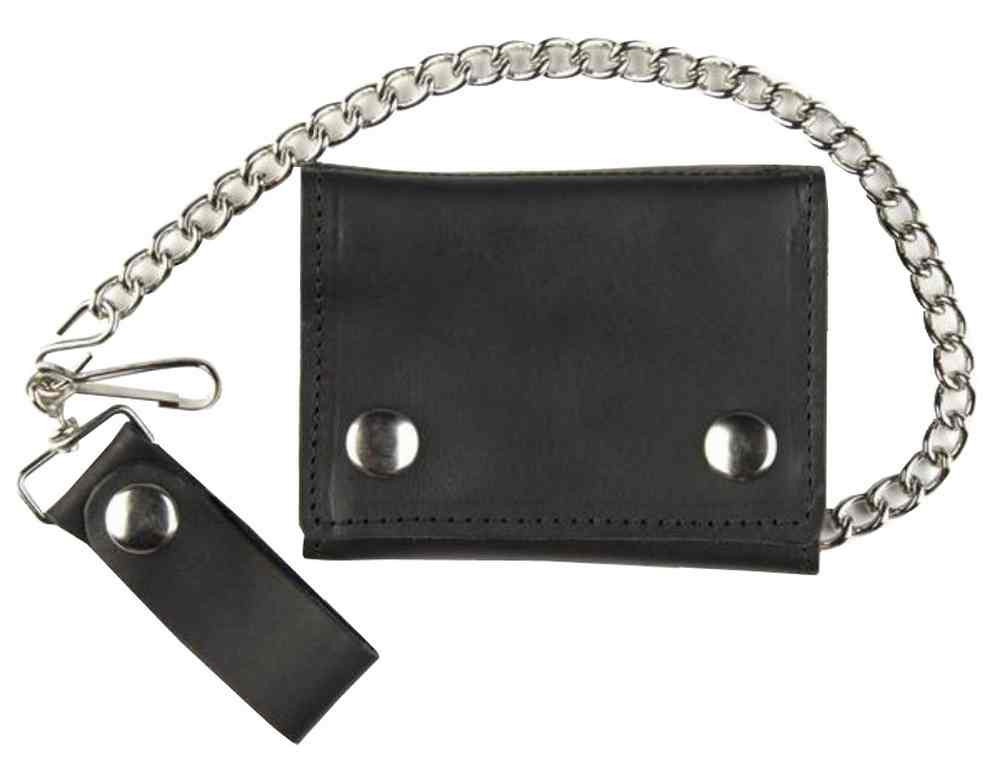 Motorcycle Men's Large Tri-Fold Biker Chain Wallet, Genuine Black