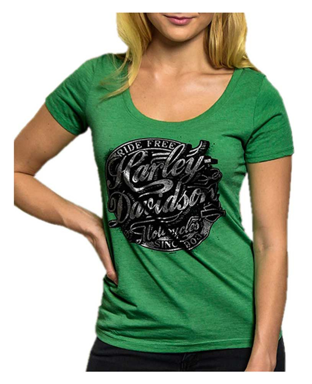 Harley Davidson® Womens Lucky Day Foiled Scoop Neck Short Sleeve Tee Envy Green Wisconsin 