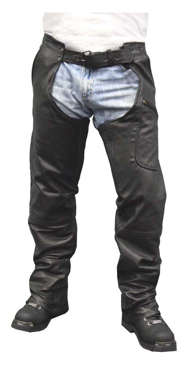 Redline Men's Heavy Weight Black Buffalo Leather Motorcycle Chaps M-1700