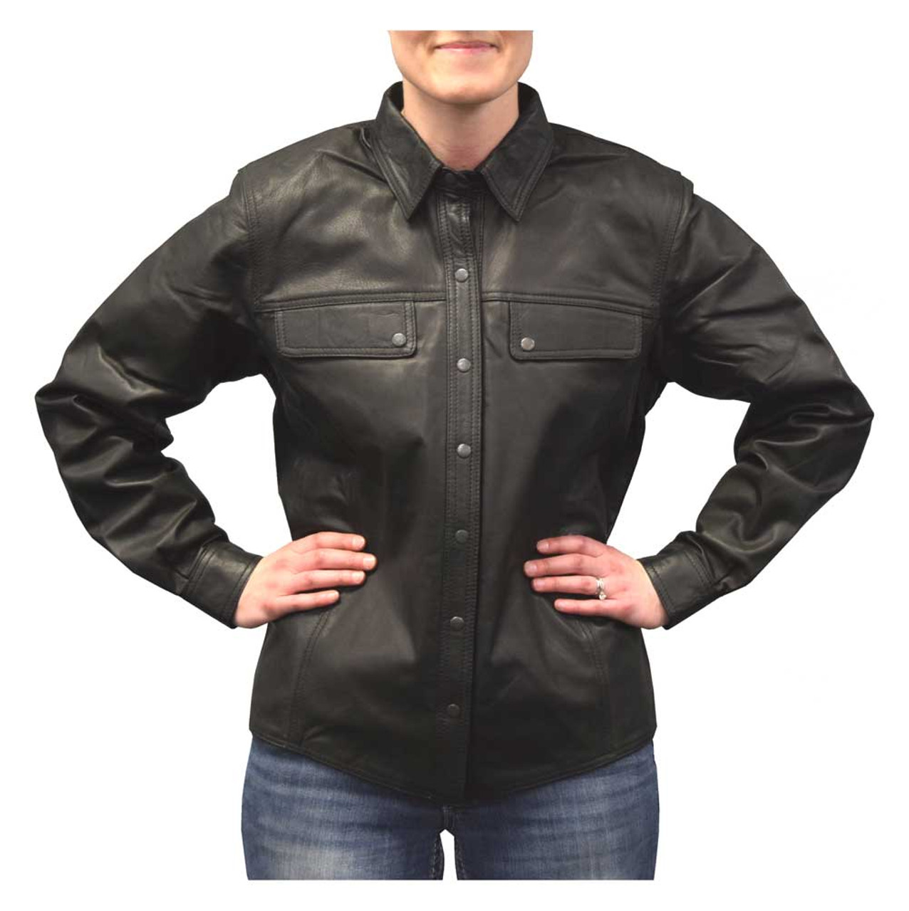 Redline Women's Lightweight Snap Down Collar Leather Riding Shirt, Black  L-1800