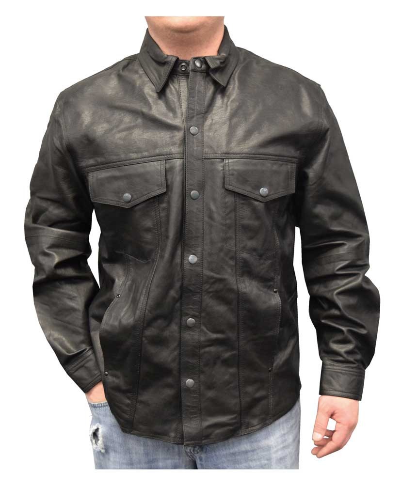 Redline Men's Lightweight Snap Down Collar Leather Riding Shirt