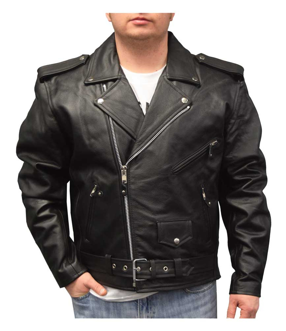 Redline Men's Black Side Angle Zip Pockets Leather Motorcycle