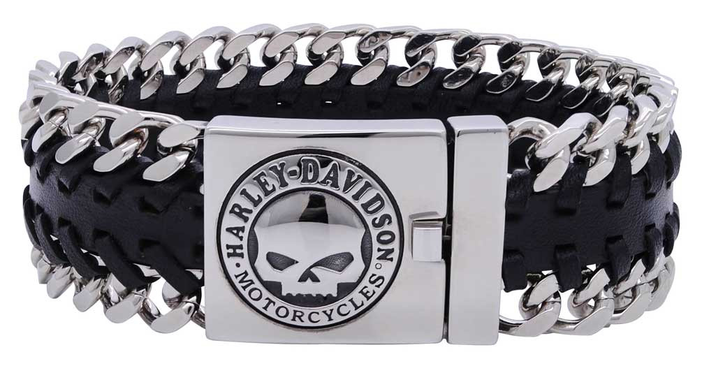 HARLEY DAVIDSON スカルバングル　レザーカバー Harley-Davidson® Men's Hidden Clasp Willie G Skull Bracelet, Black