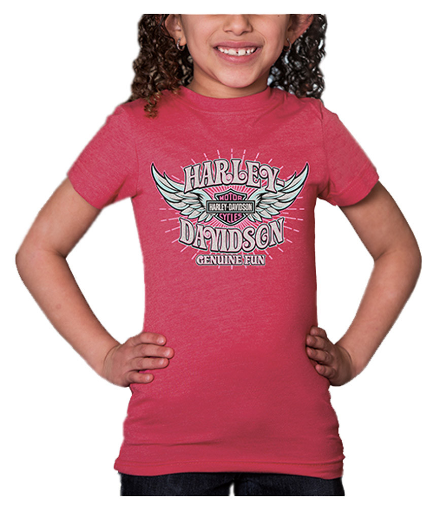 Harley-Davidson Little Girls' Glitter Genuine Legend Short Sleeve T-Shirt – 100% Cotton Pink Tee With Bar & Shield Graphic