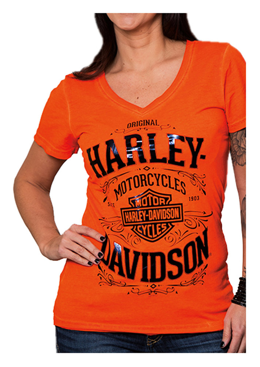 Harley Davidson® Womens H D Vintage V Neck Short Sleeve Tee Vermilion Orange Wisconsin 