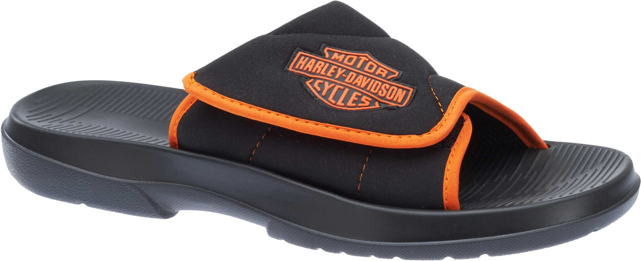 Harley Davidson Men s Reyes Black and Orange Bar Shield Sandals Slides D93416