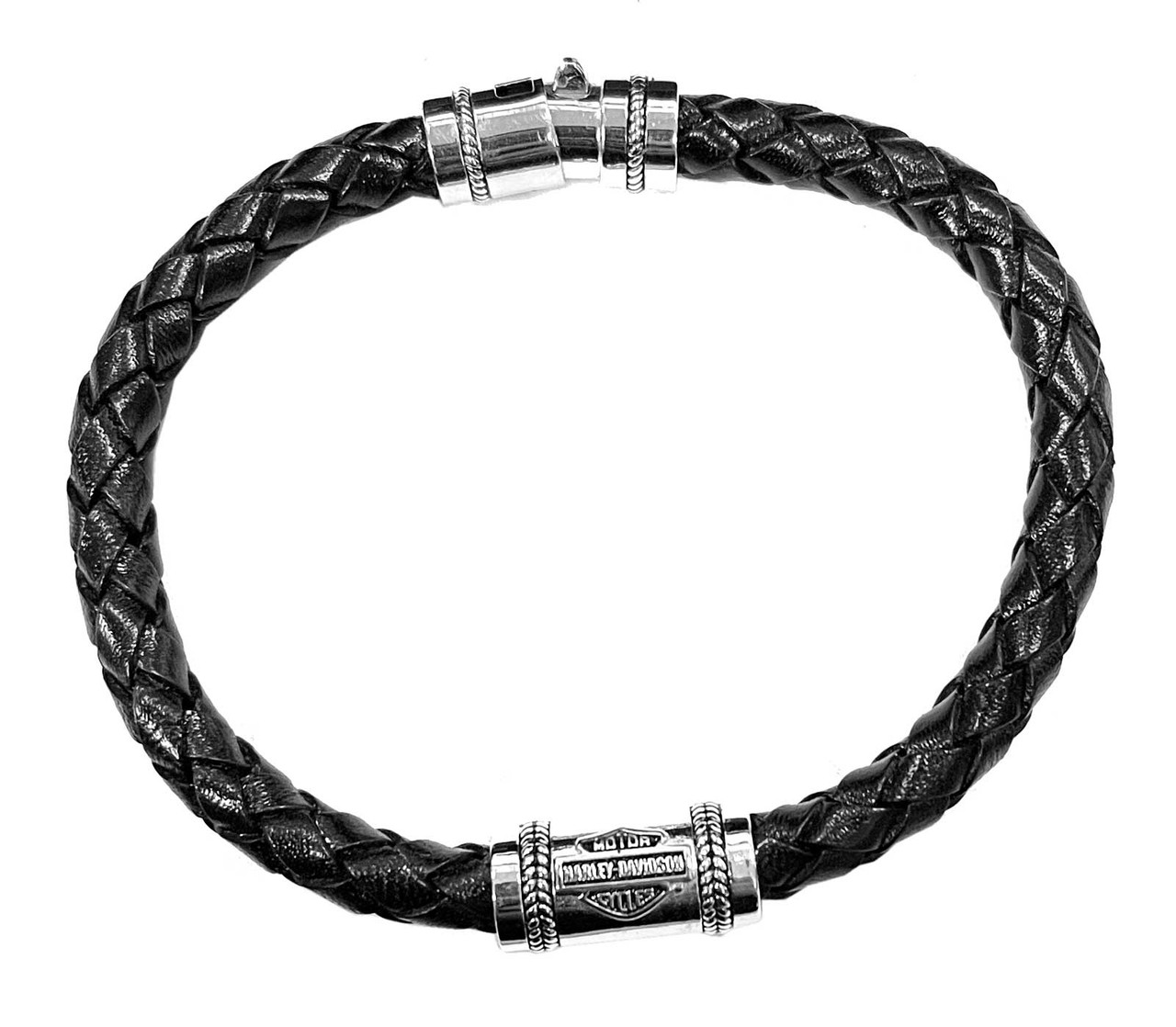 HarleyDavidson® Men's Leather Silver Bar & Shield Rope Bracelet, Black