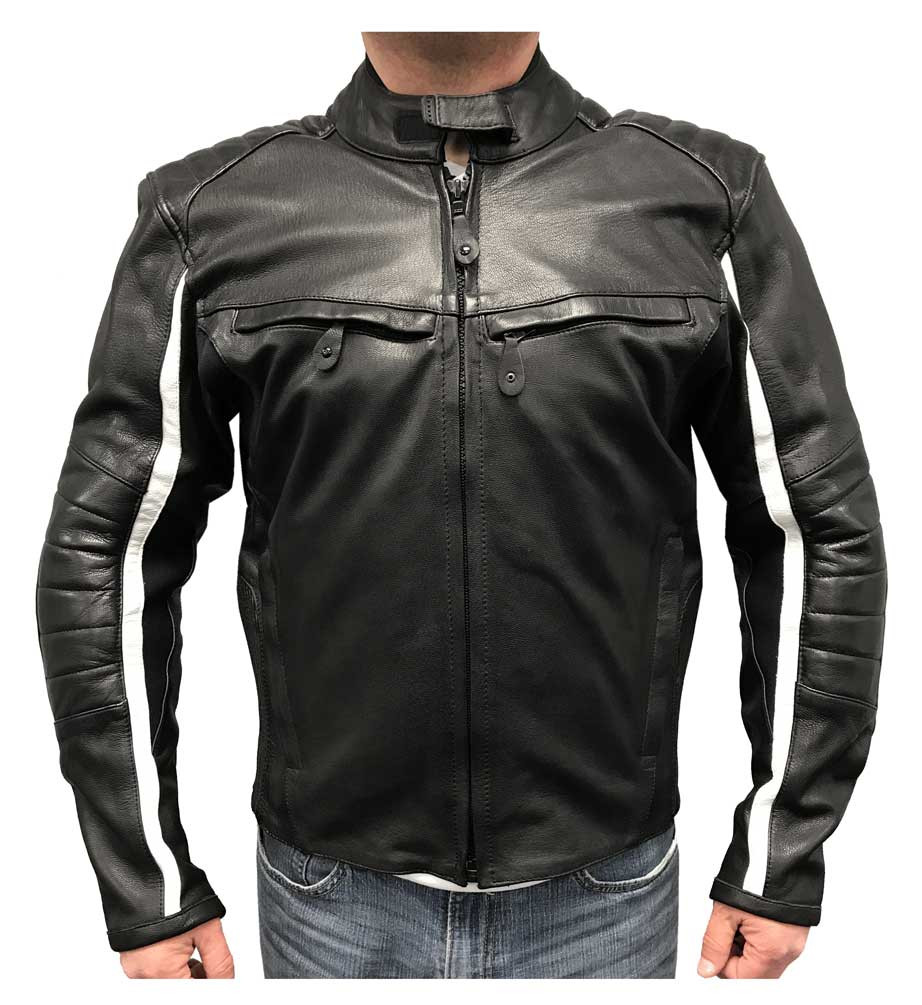 Redline Men's White Striped Goat Skin Leather Motorcycle Jacket