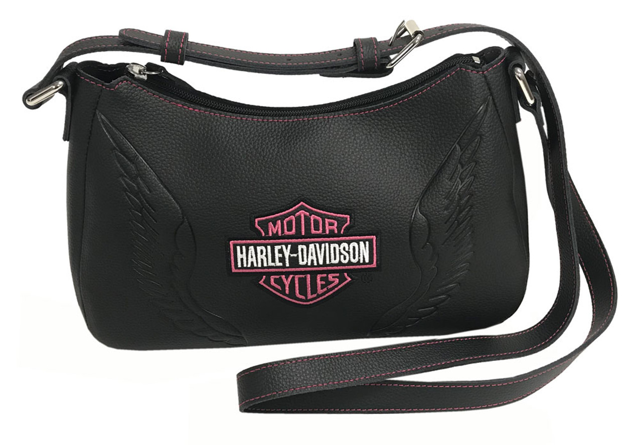 Harley-Davidson Women's Embroidered B&S Shoulder Bag, Black ZWL7142-PNKBLK, Harley  Davidson 