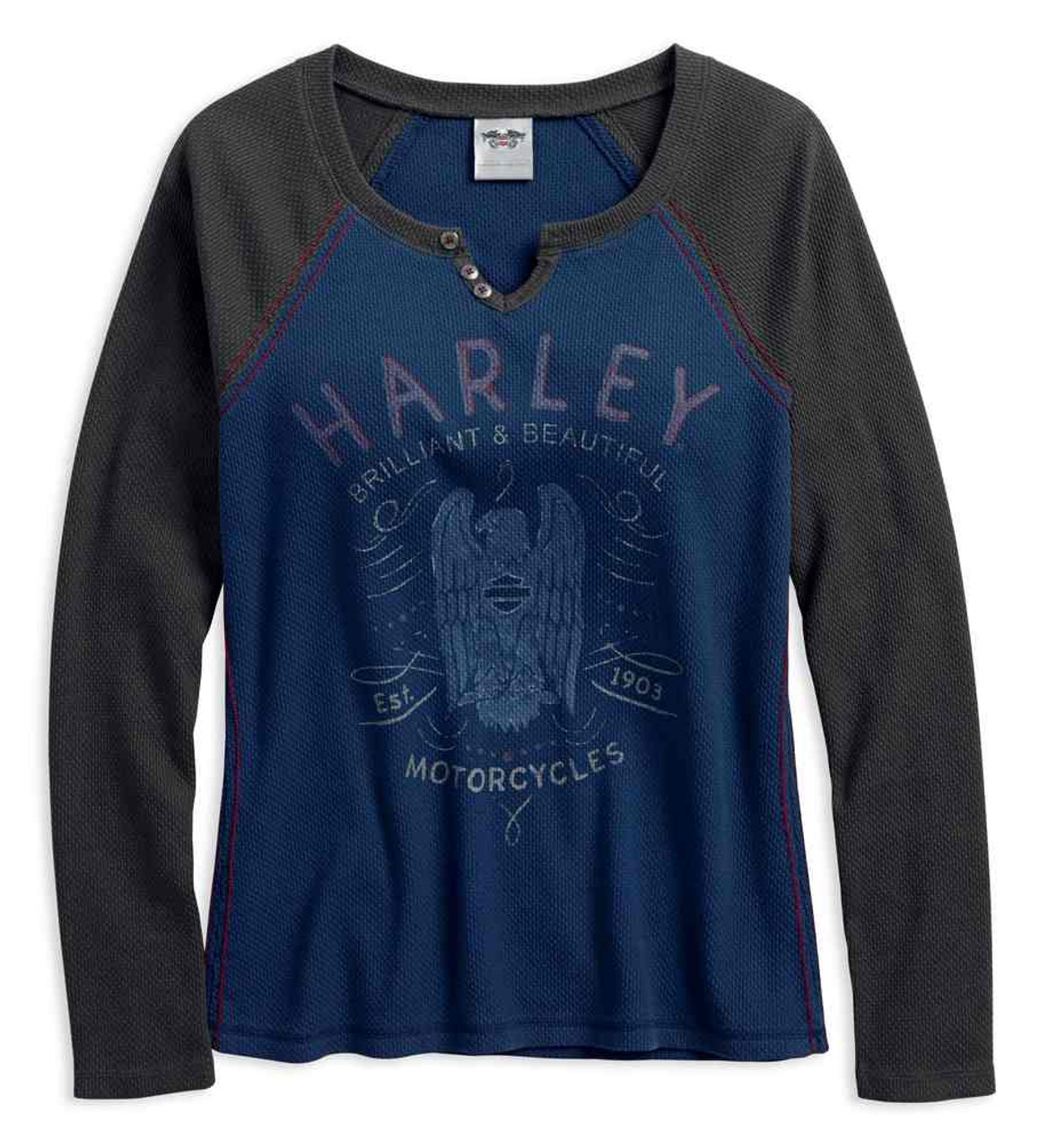 Harley Davidson® Womens Notched Neck Waffle Knit Long Sleeve Top 96049 18vw Wisconsin Harley 