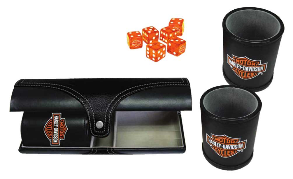 HarleyDavidson® Double Carrying Leatherette Dice Cups & 6 HD Dice