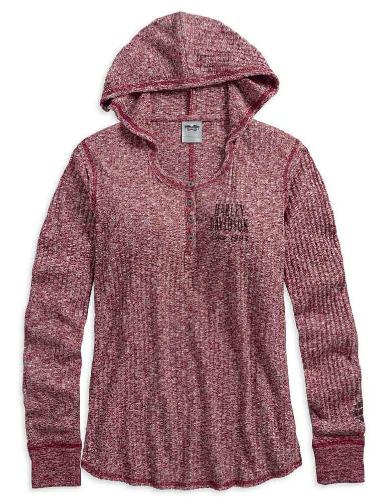 Harley-Davidson® Women's Hooded Raw-Edge Long Sleeve Henley, Red