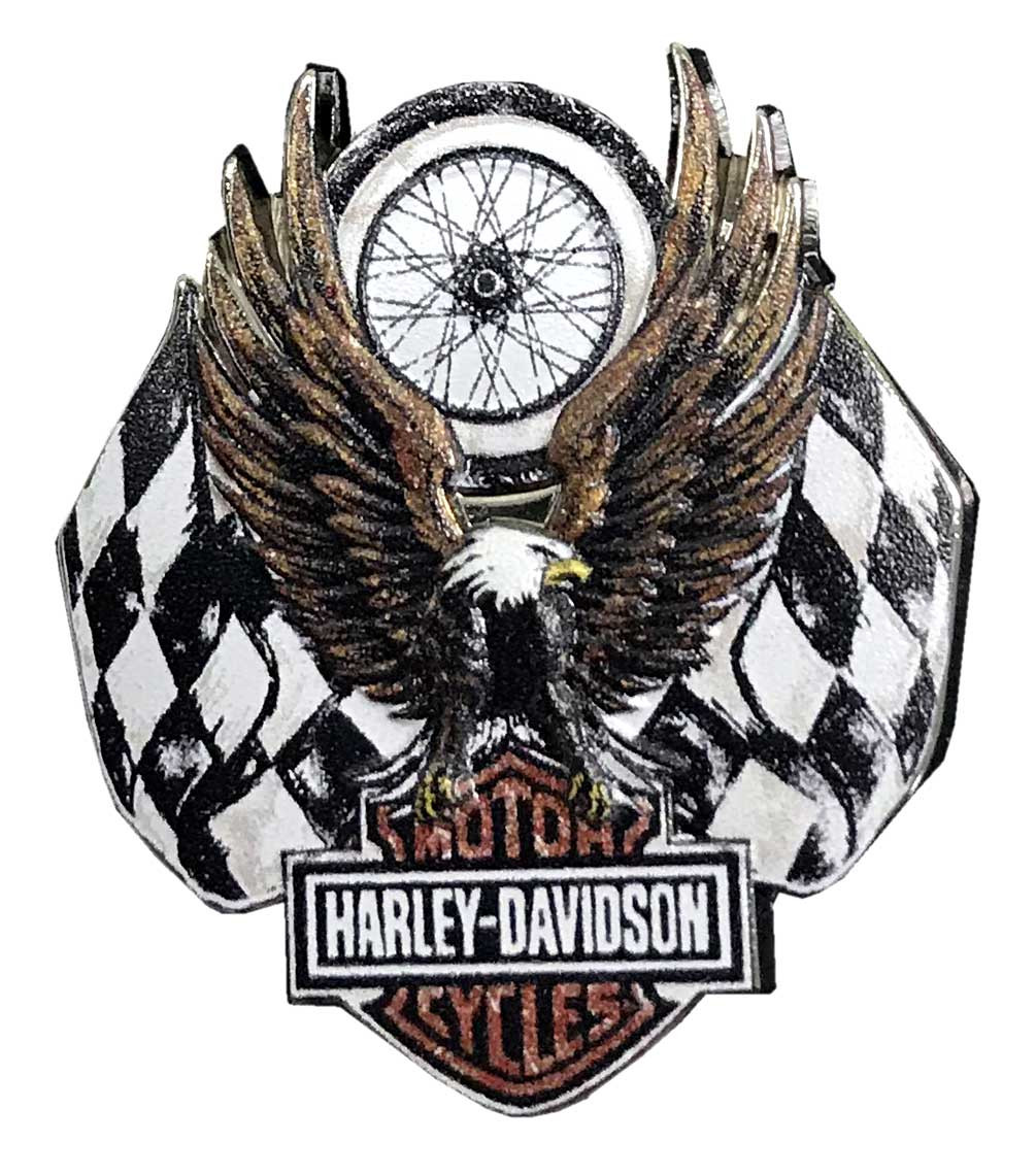 Harley-Davidson® Upright Eagle with Racing Flags & B&S Pin, Silver