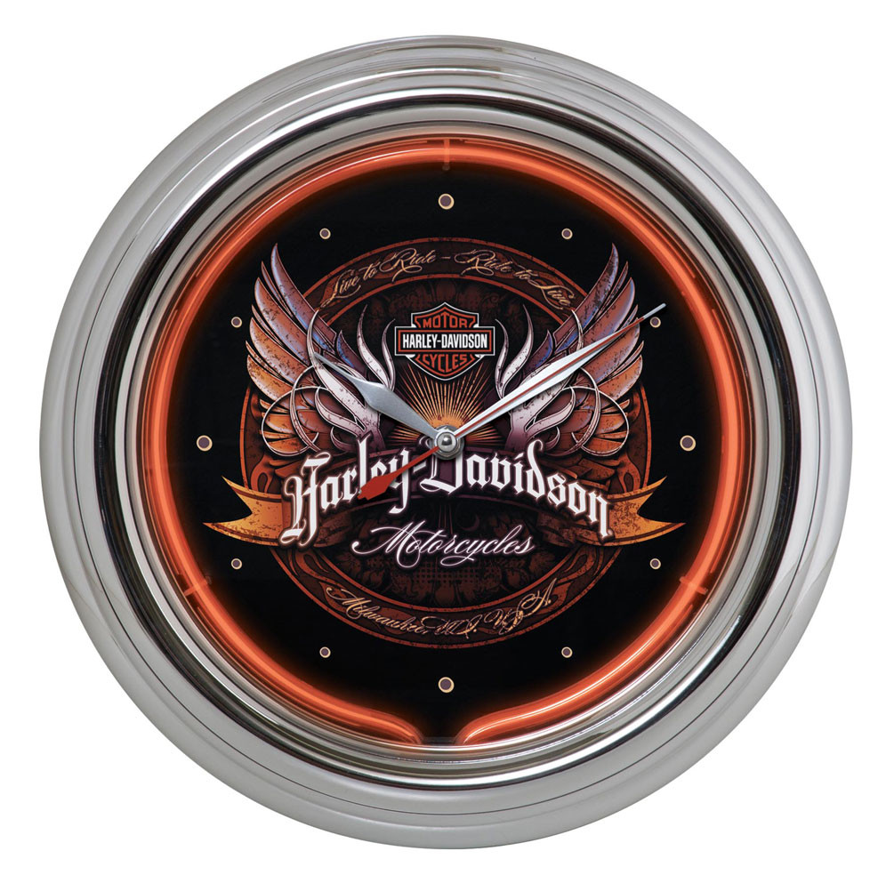 Harley-Davidson® Bar & Shield Wings Red Neon Clock, 12 x 2.5 inch