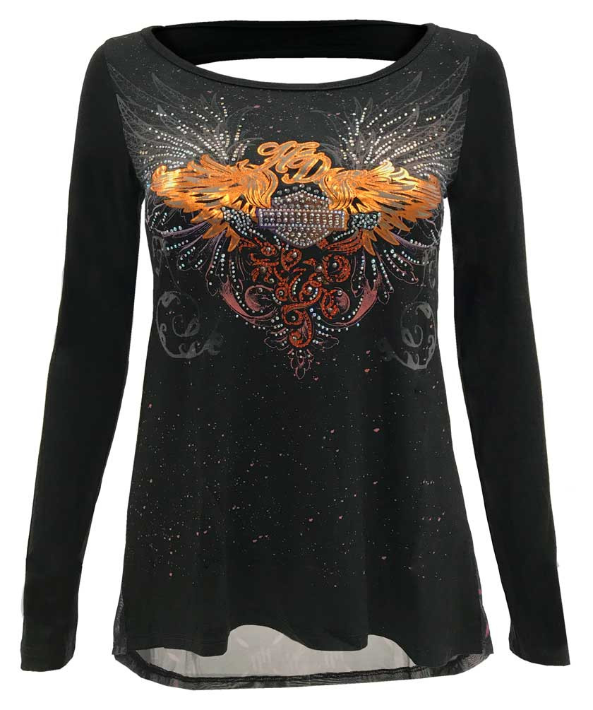 トップス HARLEY DAVIDSON longsleeve Harley-Davidson® Women's Vinyl Wings Embellished Sheer Back Long