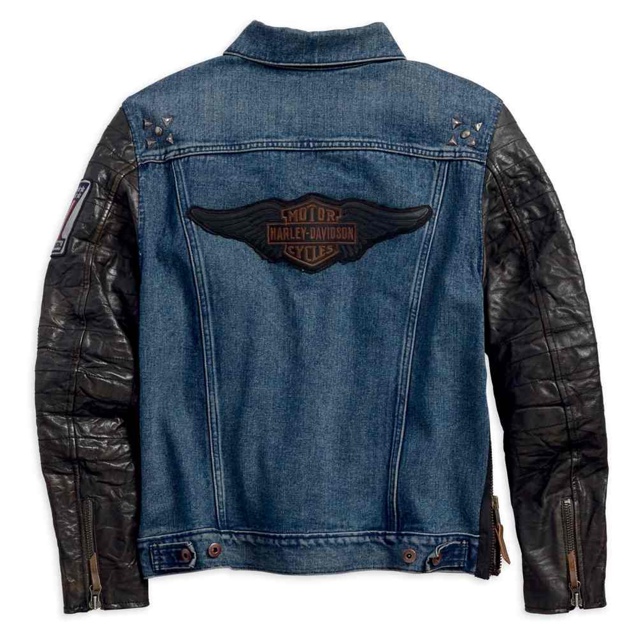 denim jacket with leather sleeves
