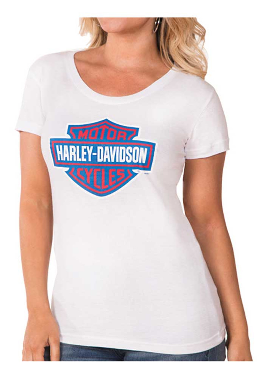 Harley Davidson Women's Bar & Shield Short Sleeve Tシャツ Harley-Davidson® Women's RWB Bar & Shield Logo Short Sleeve