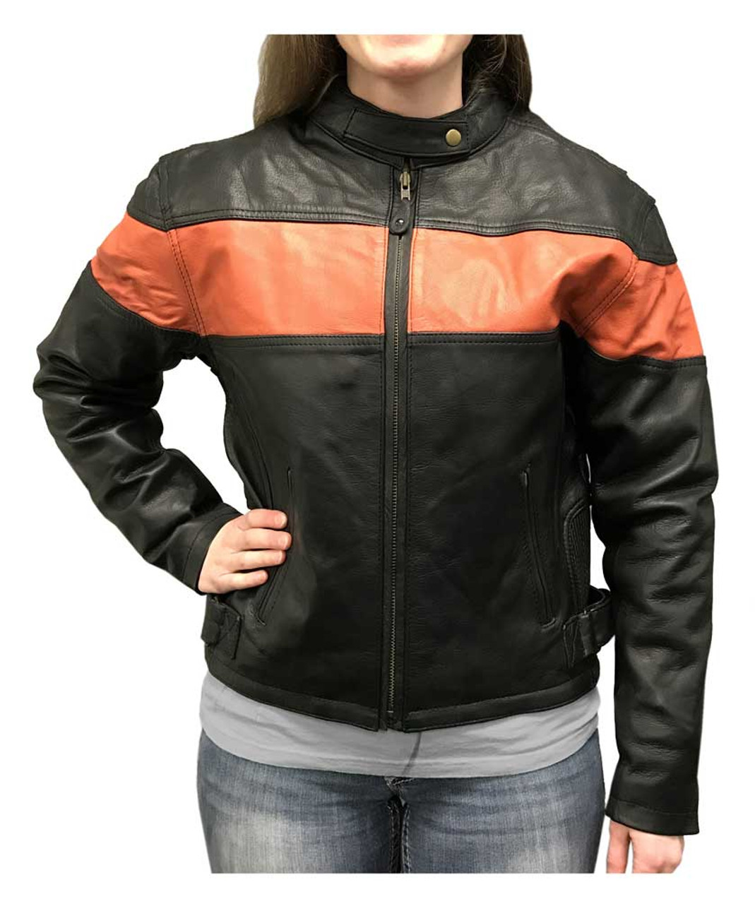 Redline Women's Orange Stripe Cowhide Leather Motorcycle Jacket