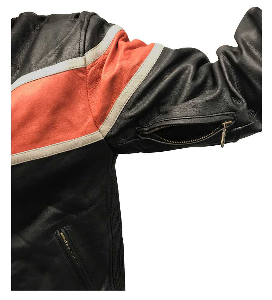 Redline Men's Orange Stripe Cowhide Leather Motorcycle Jacket, Black M