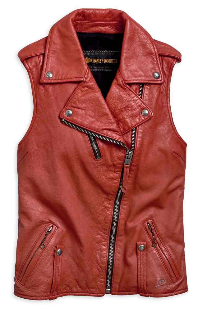 Harley-Davidson® Womens Asymmetrical Red Leather Bar & Shield Zip