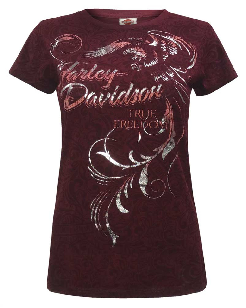 Harley Davidson® Womens Free Ride Foiled Short Sleeve Crew Neck T Shirt Burgundy Wisconsin 