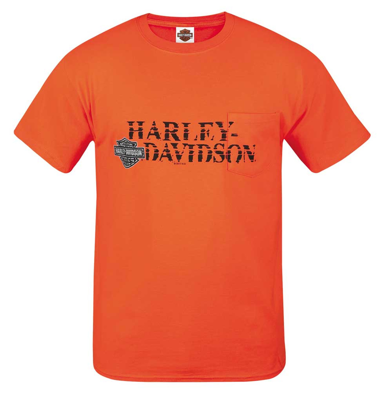 Harley Davidson® Mens Off Center Short Sleeve Chest Pocket T Shirt Bright Orange Wisconsin 