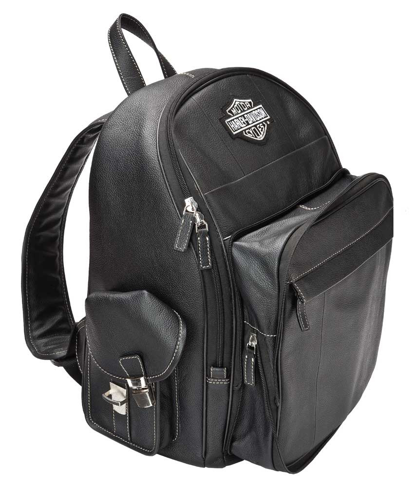 Harley-Davidson® B&S Genuine Leather Backpack w/ Pockets - Black