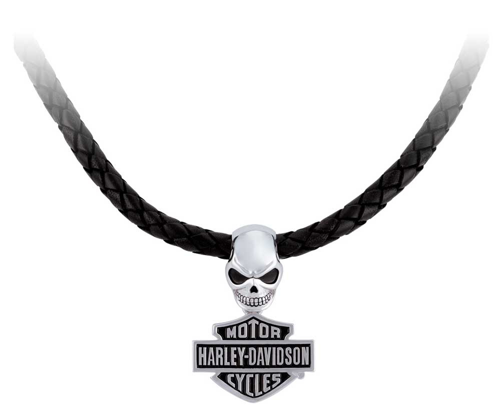 Harley-Davidson® Men's Wicked Skull Bar & Shield Leather Necklace