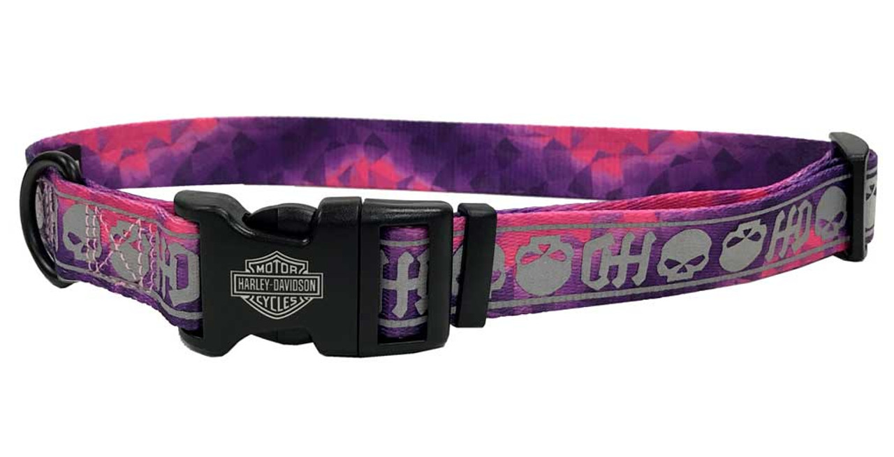 HarleyDavidson® Adjustable Willie G Skull Reflective Dog Collar Pink