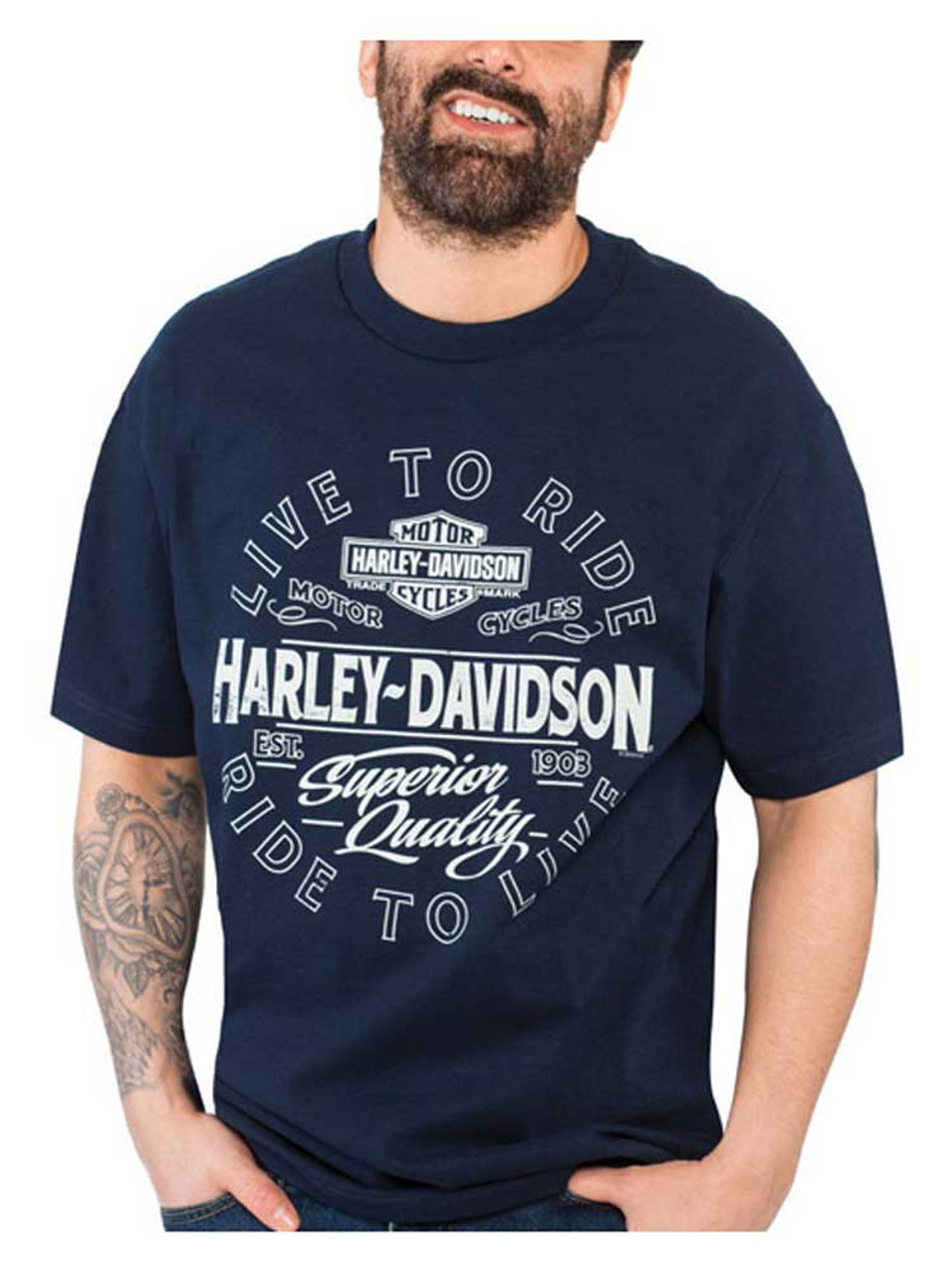 Harley Davidson® Mens Live To Ride Crew Neck Short Sleeve Cotton T Shirt Navy Wisconsin 