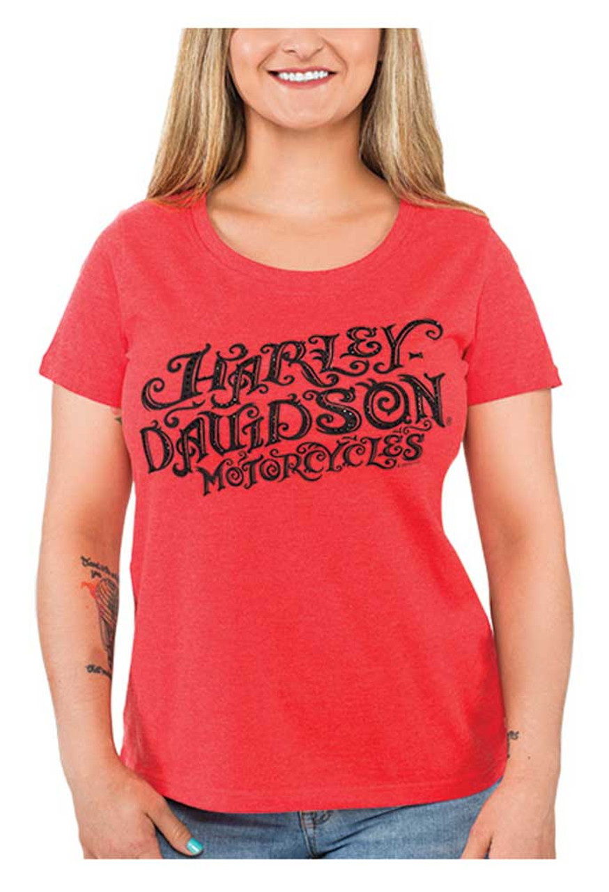 Harley Davidson® Womens Rhinestone Swirly Script Scoop Neck Short Sleeve Tee Red Wisconsin 