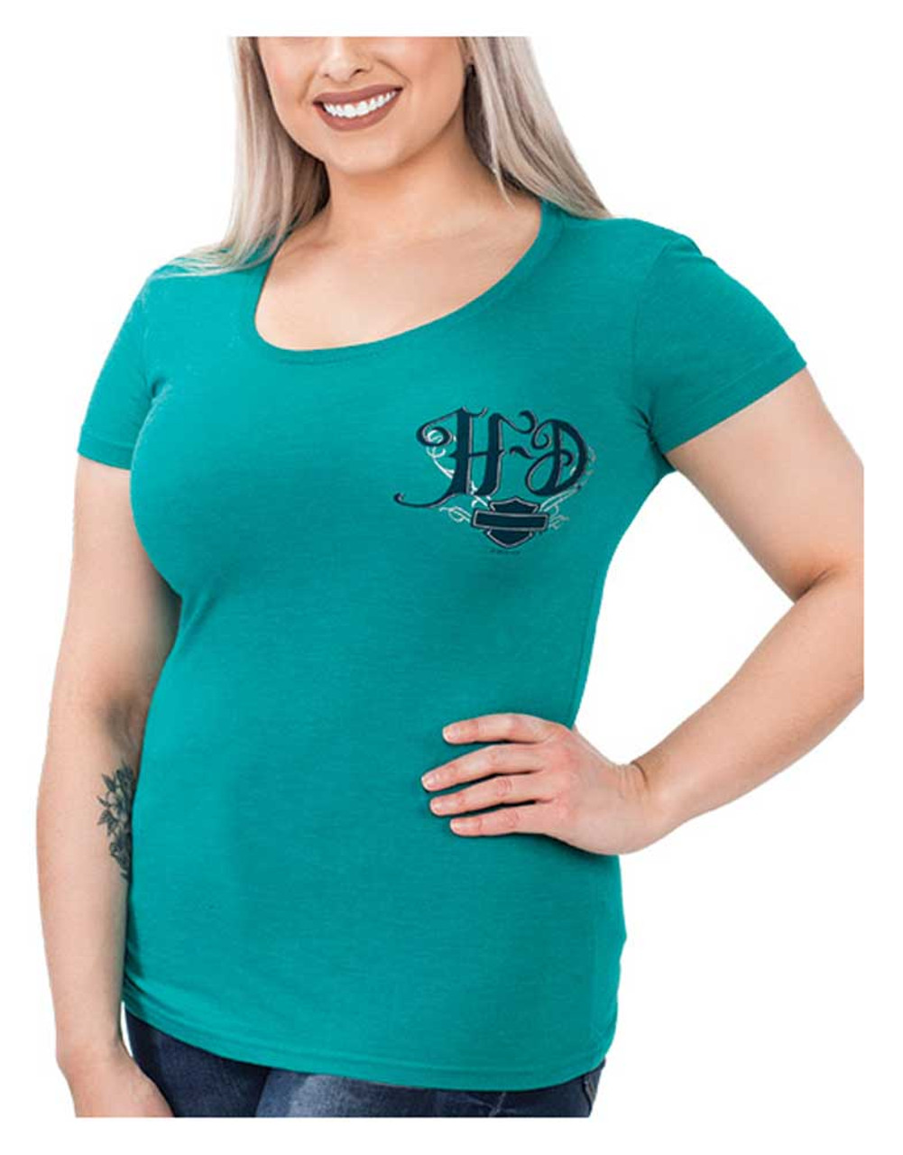 Harley Davidson® Womens Metallic H D Short Sleeve Round Neck Tee Jade Green Wisconsin Harley 