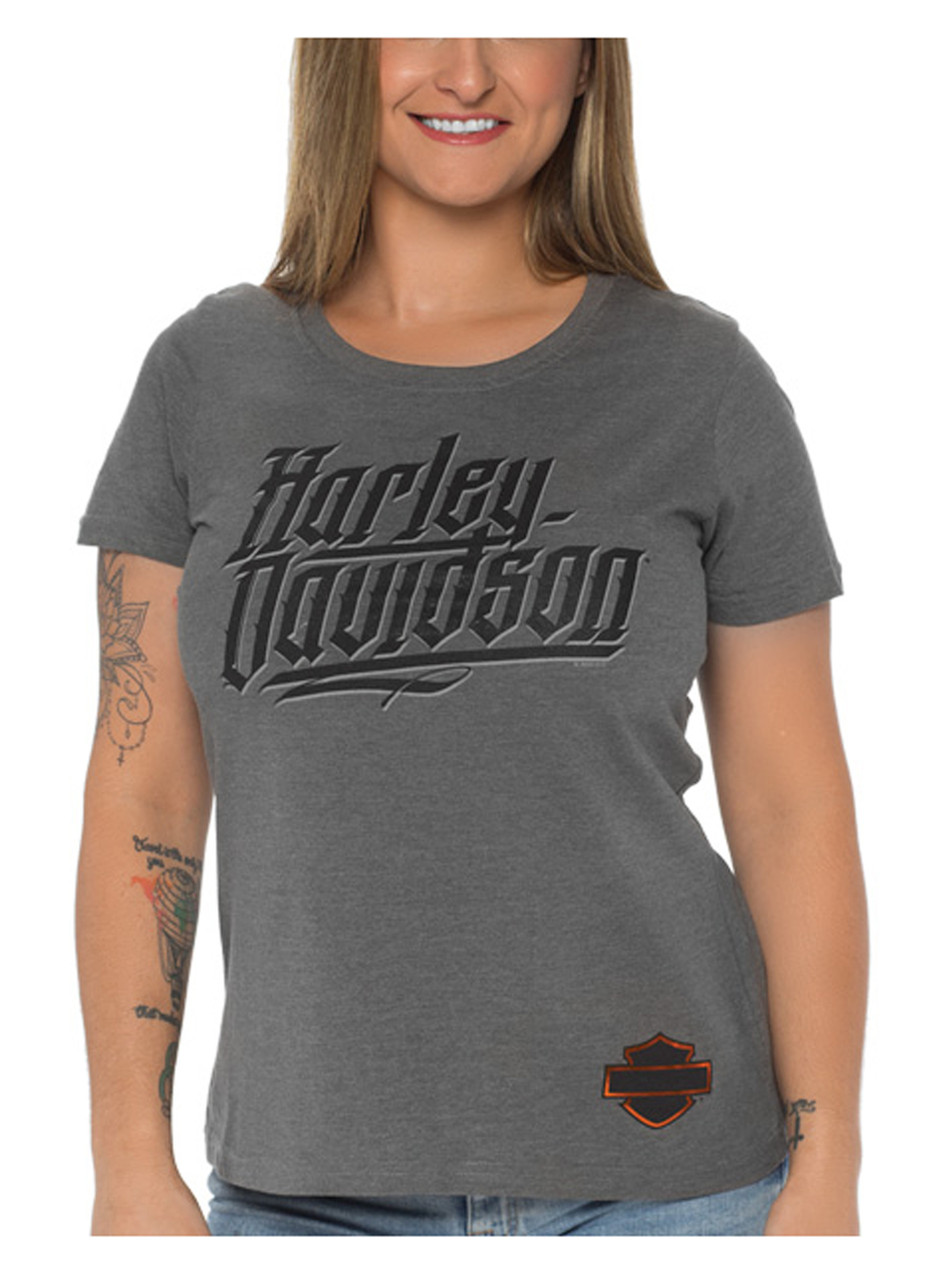 Harley Davidson® Womens Foiled H D Scoop Neck Short Sleeve Poly Blend Tee Gray Wisconsin 