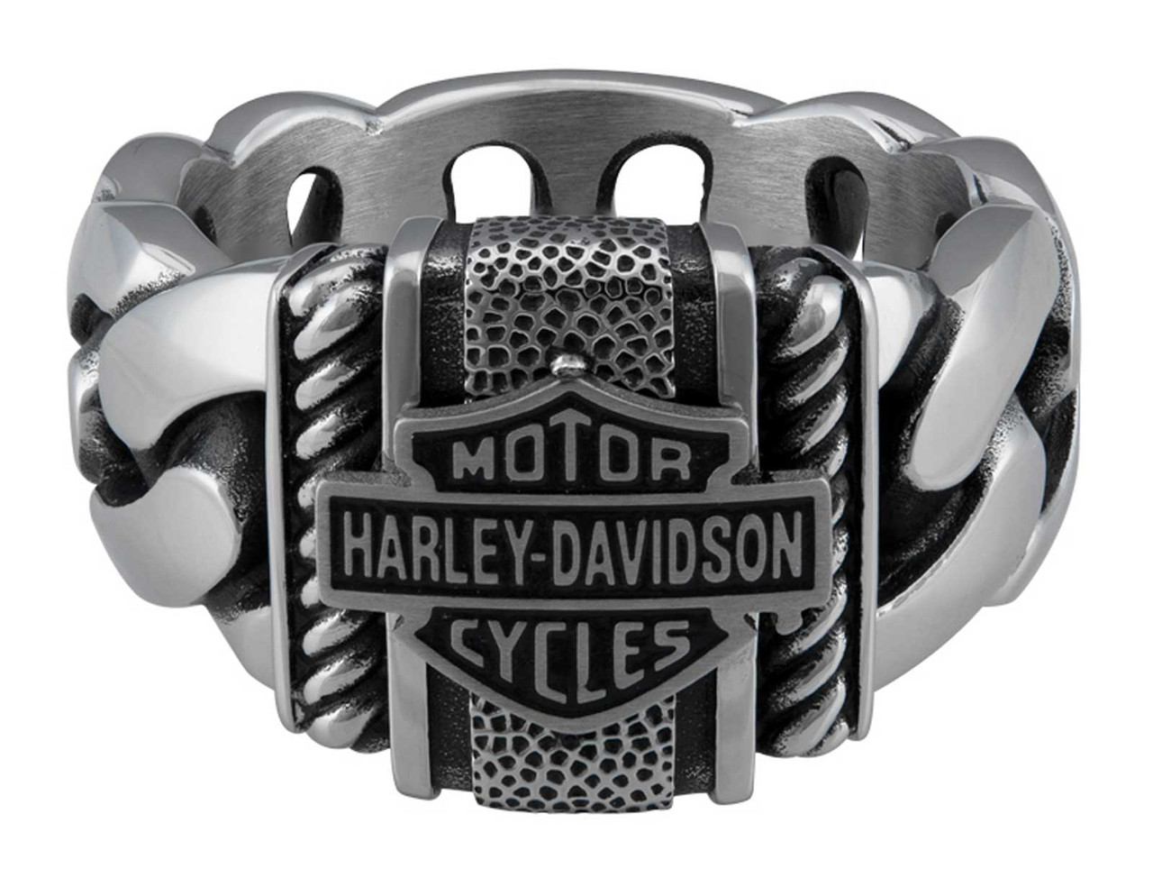 Harley-Davidson® Men's Bar & Shield Curb Link Stainless Steel Metal Ring,  Silver