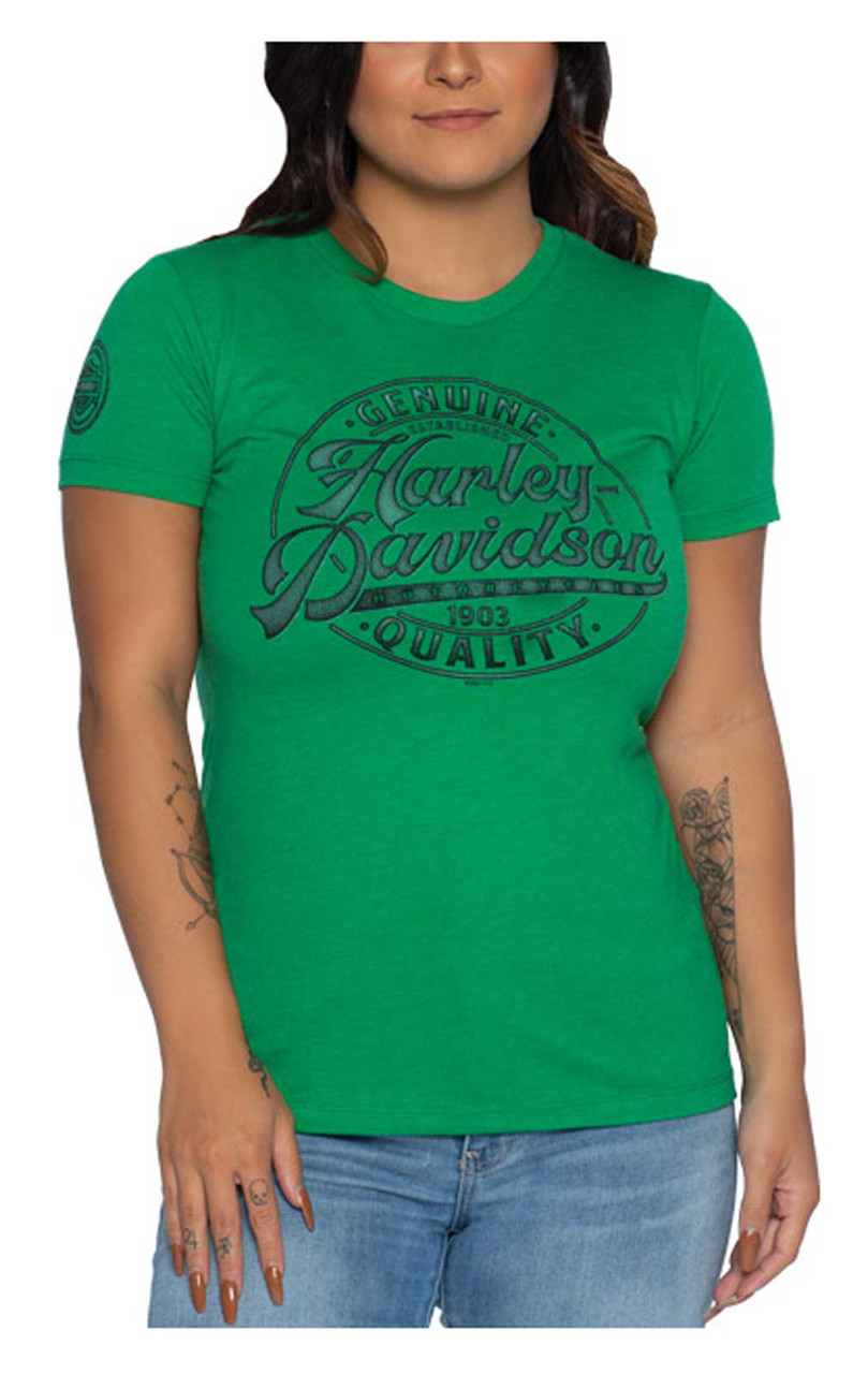 Harley Davidson® Womens Full Count Scoop Neck Short Sleeve Slim T Shirt Green Wisconsin 